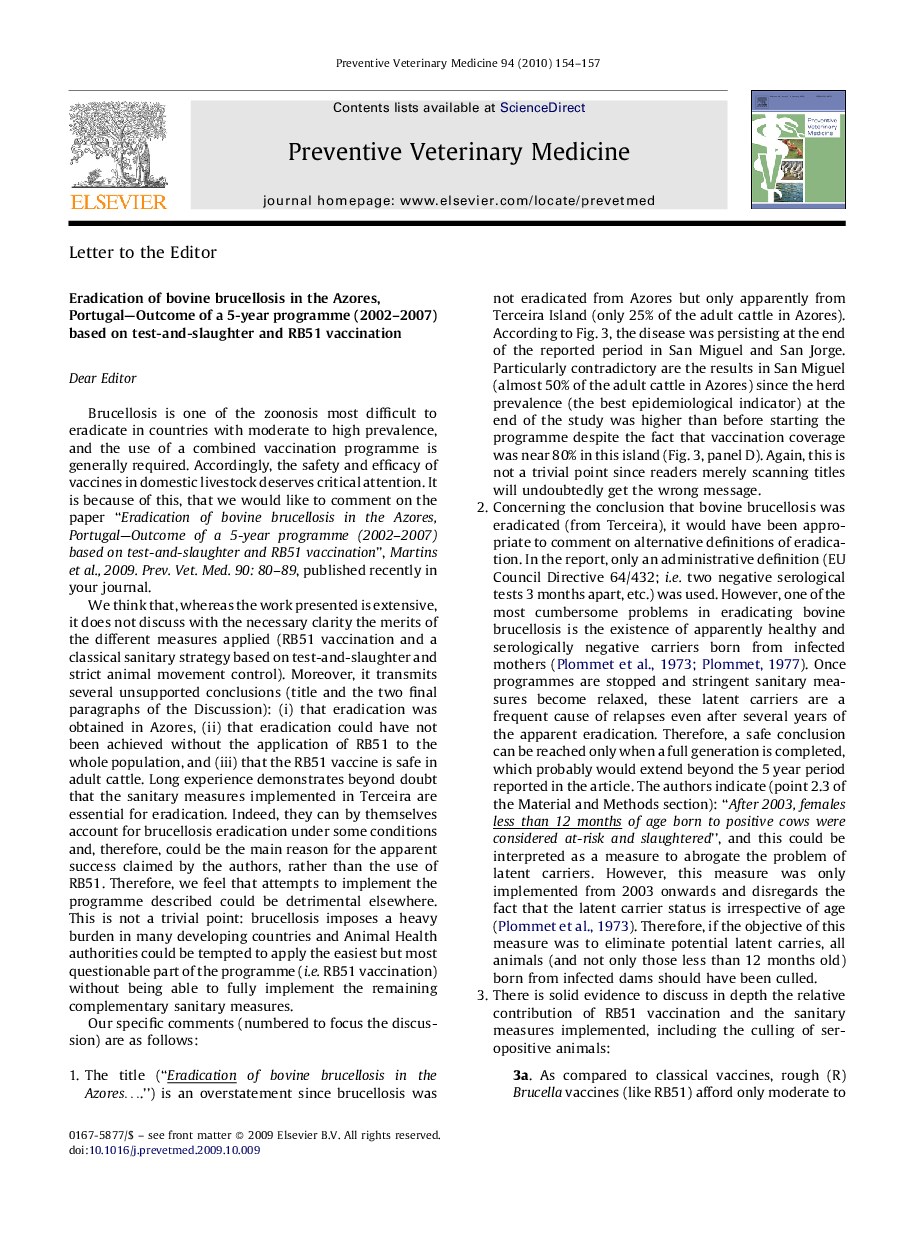 Eradication of bovine brucellosis in the Azores, Portugal-Outcome of a 5-year programme (2002-2007) based on test-and-slaughter and RB51 vaccination