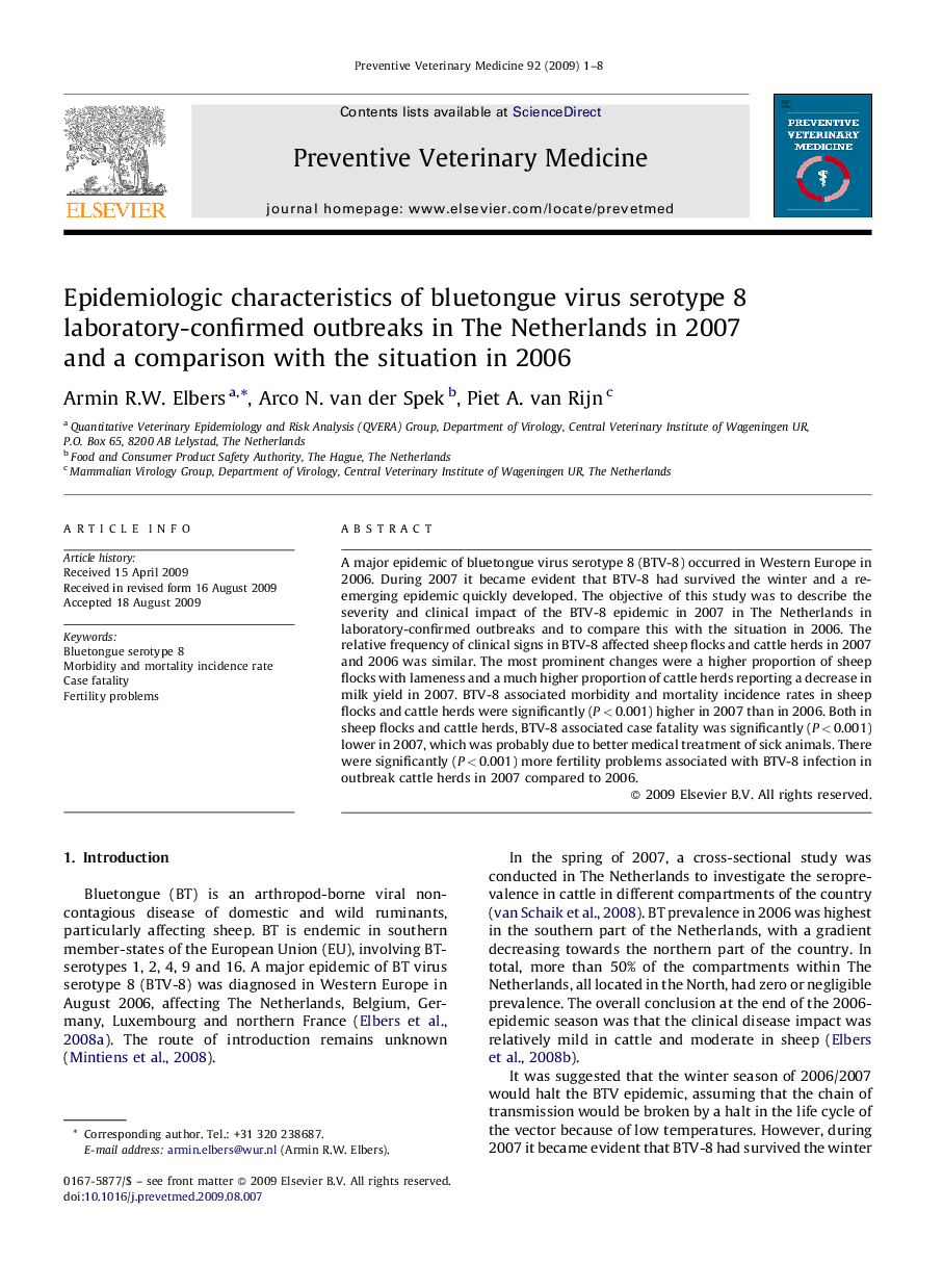 Epidemiologic characteristics of bluetongue virus serotype 8 laboratory-confirmed outbreaks in The Netherlands in 2007 and a comparison with the situation in 2006