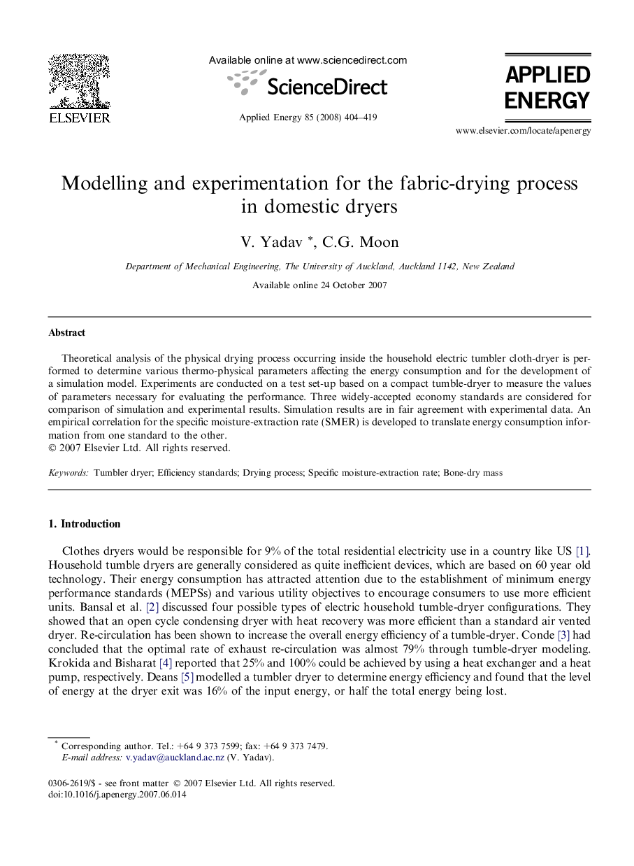 Modelling and experimentation for the fabric-drying process in domestic dryers