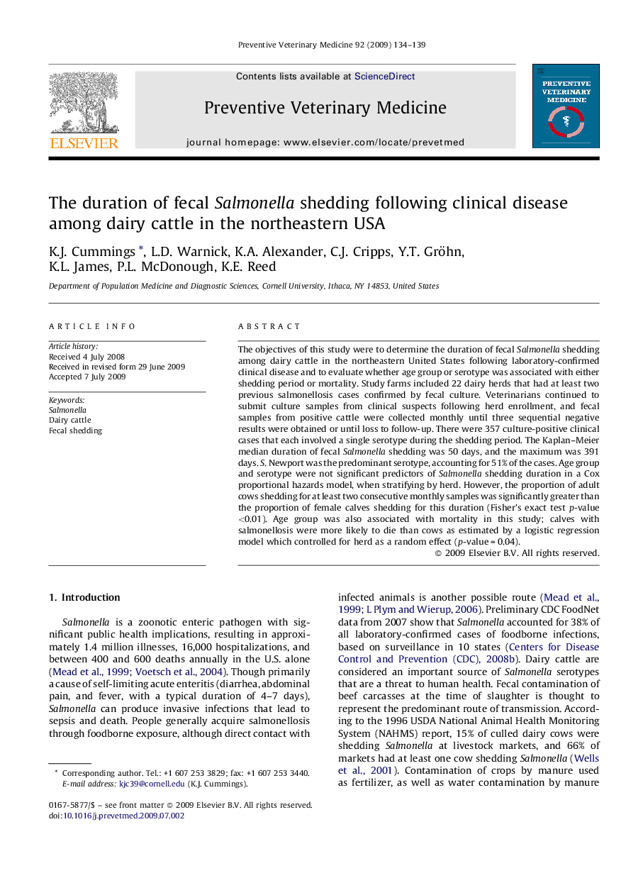 The duration of fecal Salmonella shedding following clinical disease among dairy cattle in the northeastern USA