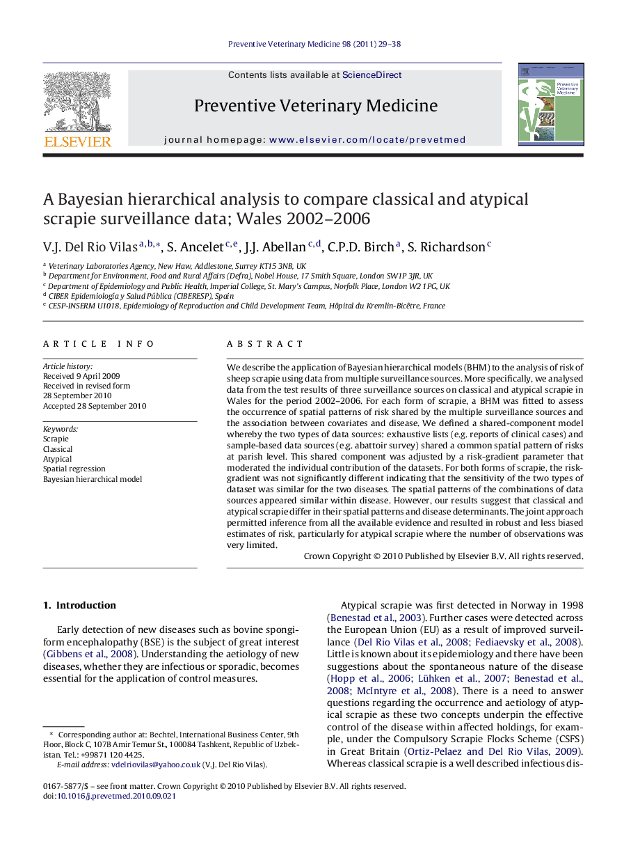 A Bayesian hierarchical analysis to compare classical and atypical scrapie surveillance data; Wales 2002–2006