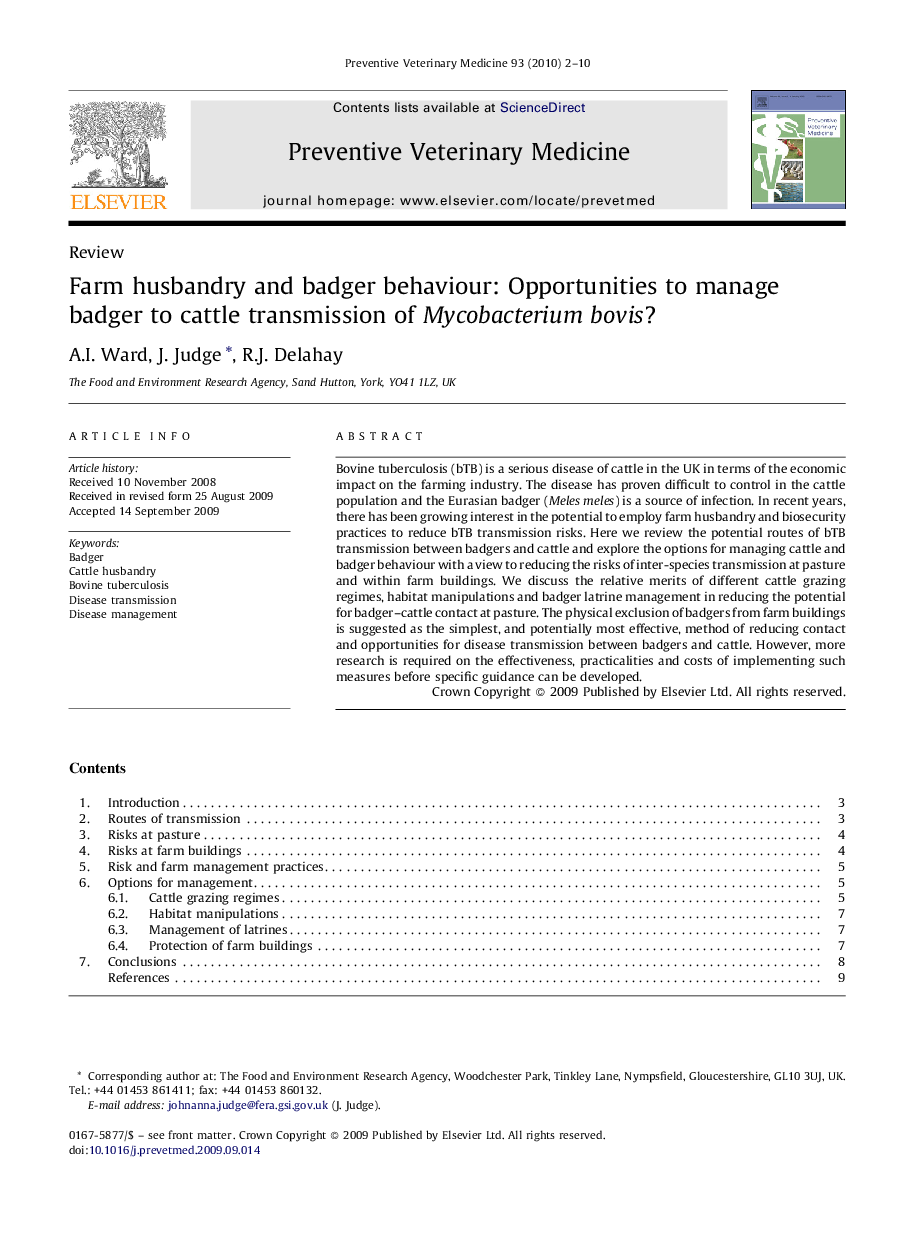 Farm husbandry and badger behaviour: Opportunities to manage badger to cattle transmission of Mycobacterium bovis?