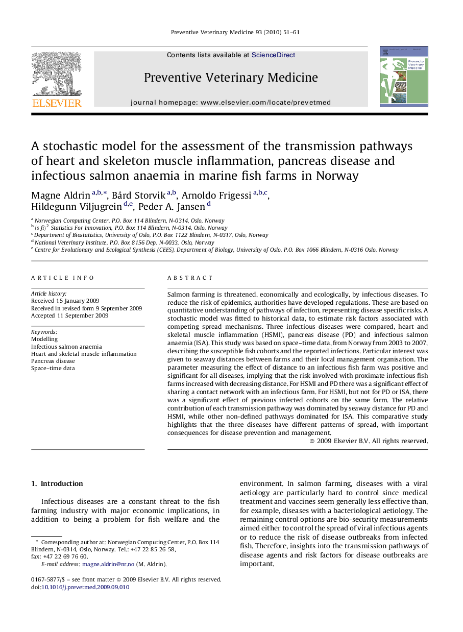 A stochastic model for the assessment of the transmission pathways of heart and skeleton muscle inflammation, pancreas disease and infectious salmon anaemia in marine fish farms in Norway