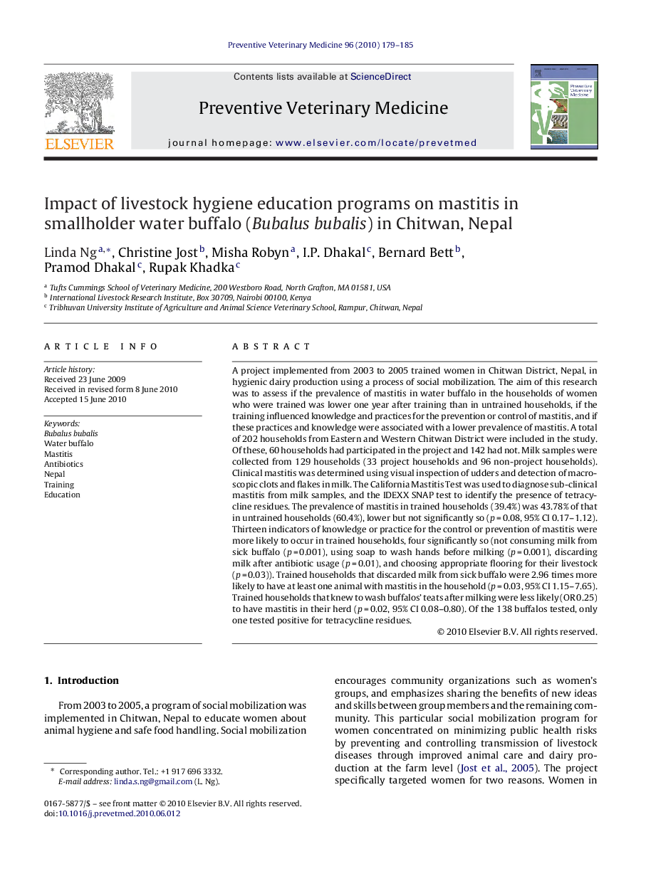 Impact of livestock hygiene education programs on mastitis in smallholder water buffalo (Bubalus bubalis) in Chitwan, Nepal