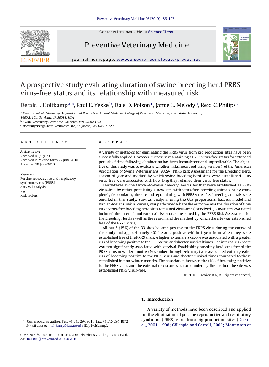 A prospective study evaluating duration of swine breeding herd PRRS virus-free status and its relationship with measured risk