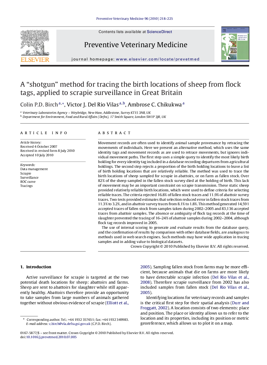 A “shotgun” method for tracing the birth locations of sheep from flock tags, applied to scrapie surveillance in Great Britain