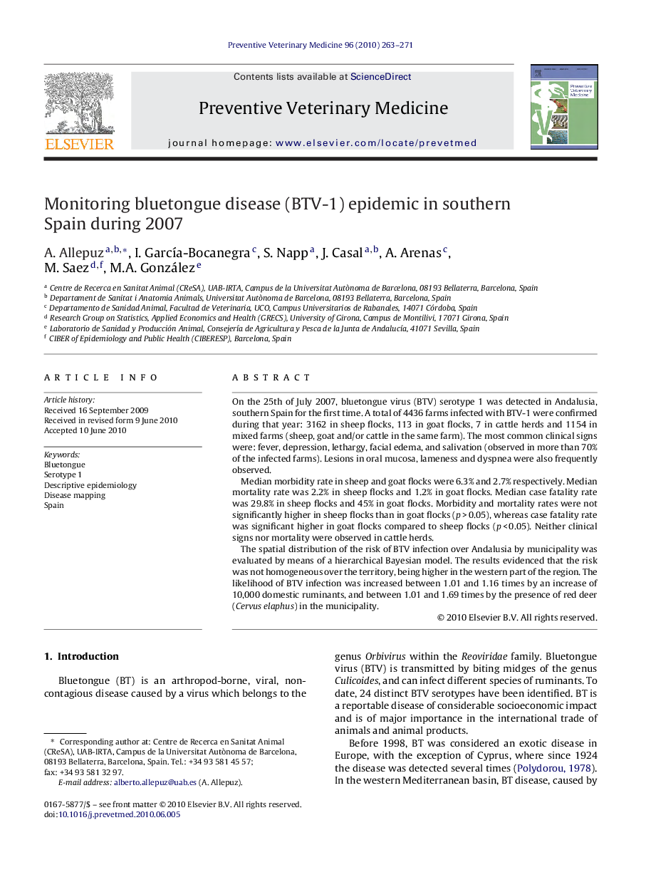 Monitoring bluetongue disease (BTV-1) epidemic in southern Spain during 2007