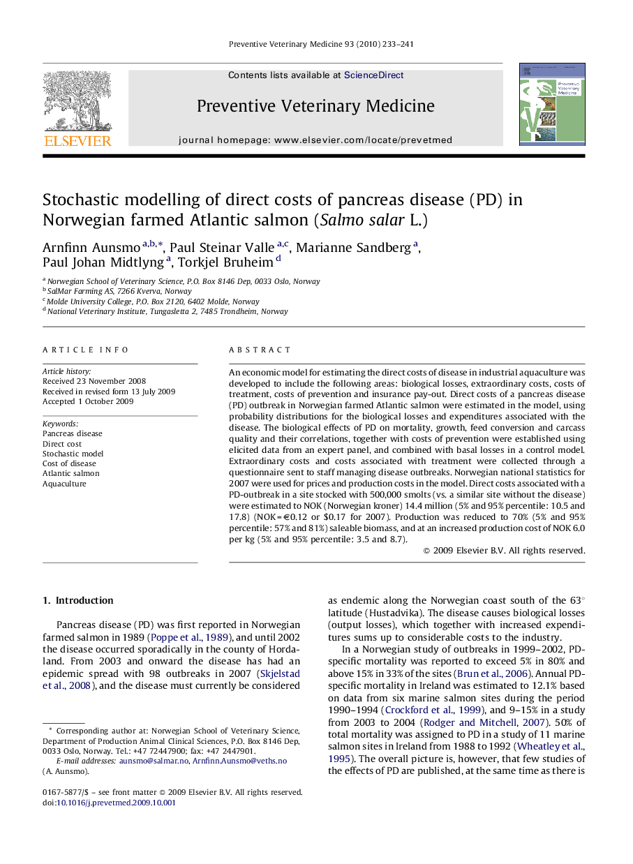 Stochastic modelling of direct costs of pancreas disease (PD) in Norwegian farmed Atlantic salmon (Salmo salar L.)