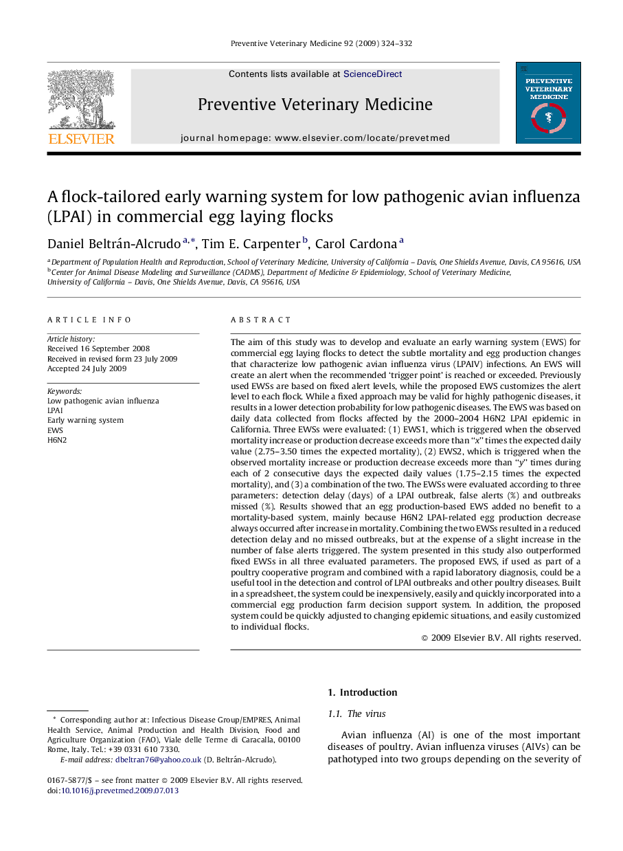 A flock-tailored early warning system for low pathogenic avian influenza (LPAI) in commercial egg laying flocks