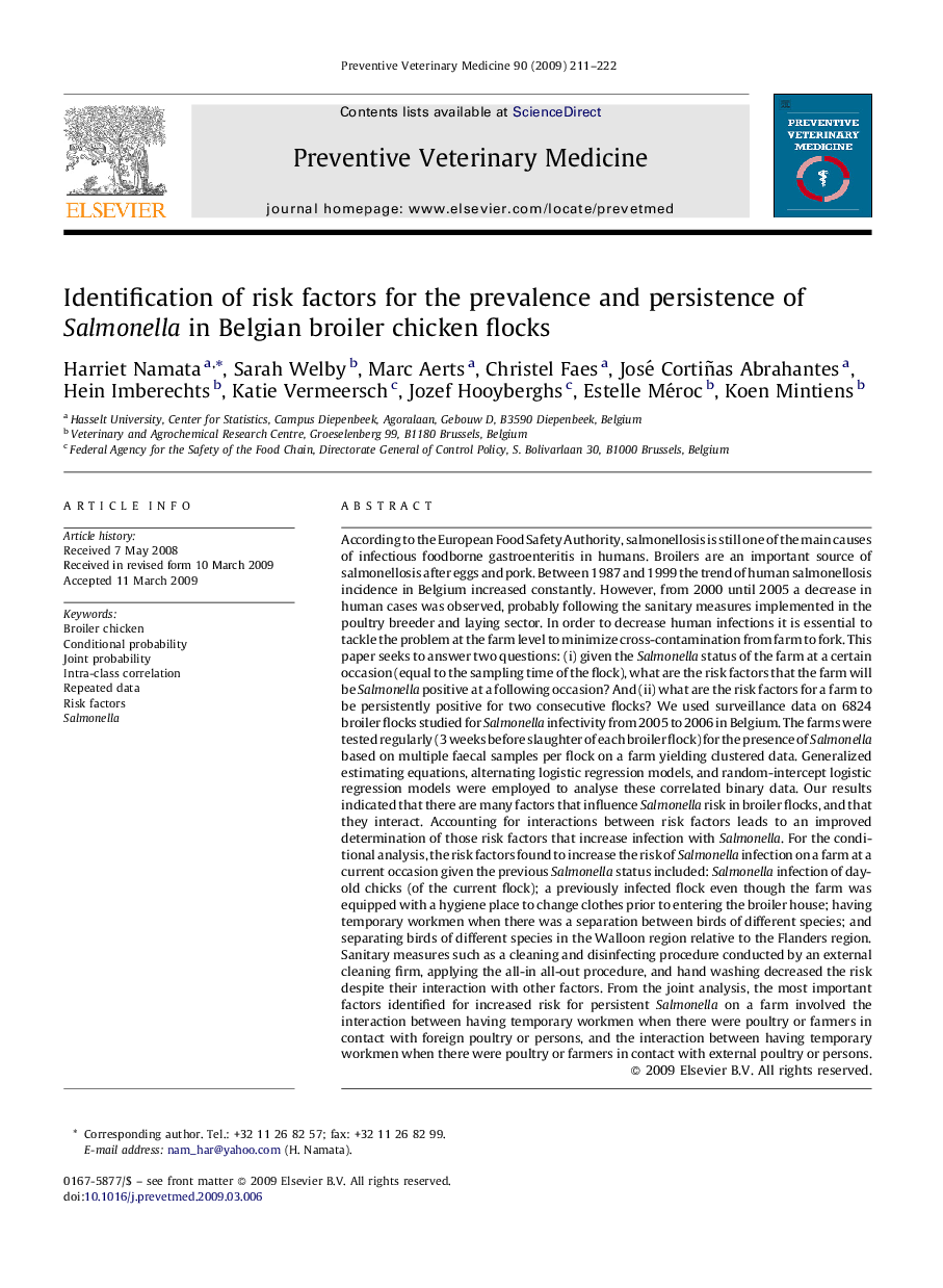 Identification of risk factors for the prevalence and persistence of Salmonella in Belgian broiler chicken flocks