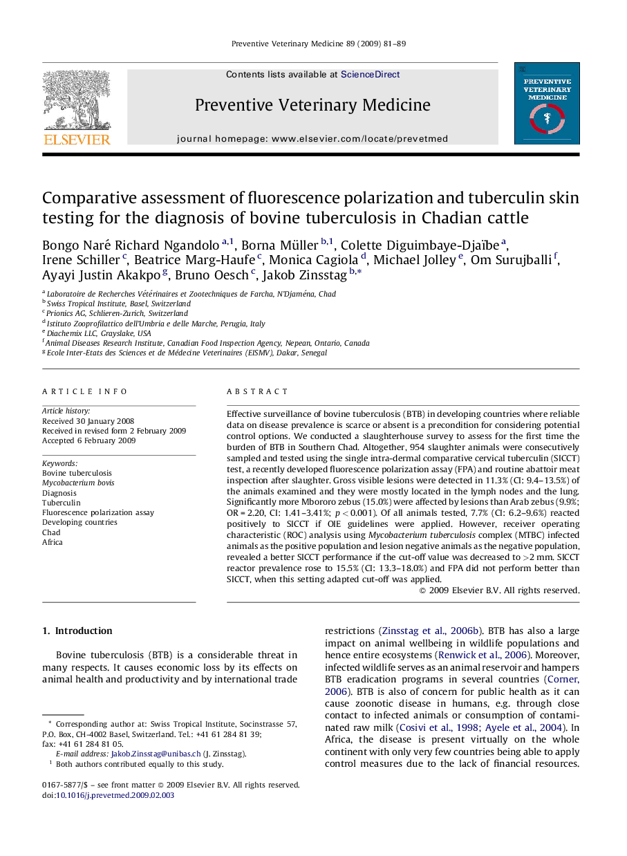 Comparative assessment of fluorescence polarization and tuberculin skin testing for the diagnosis of bovine tuberculosis in Chadian cattle