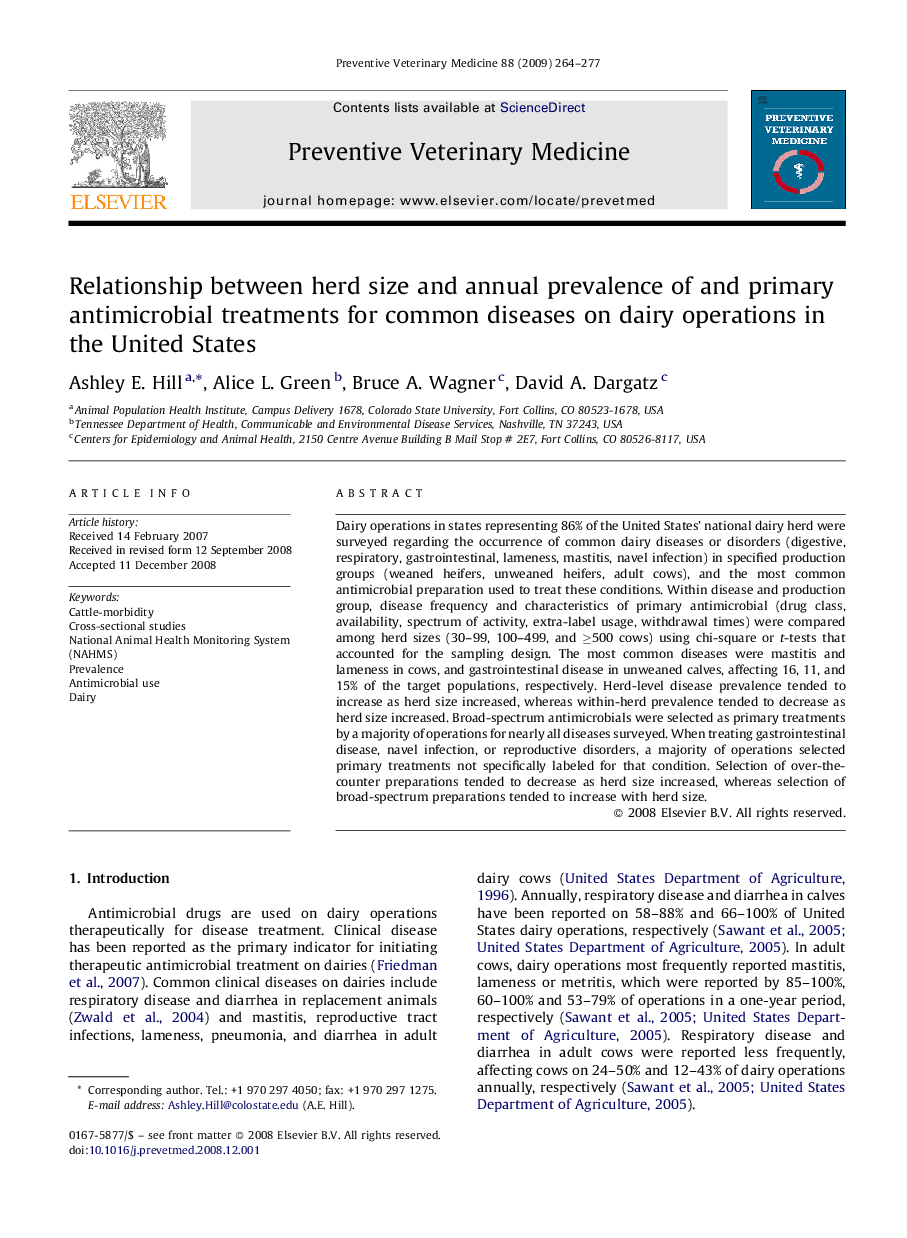 Relationship between herd size and annual prevalence of and primary antimicrobial treatments for common diseases on dairy operations in the United States