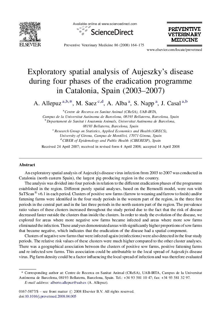 Exploratory spatial analysis of Aujeszky's disease during four phases of the eradication programme in Catalonia, Spain (2003–2007)