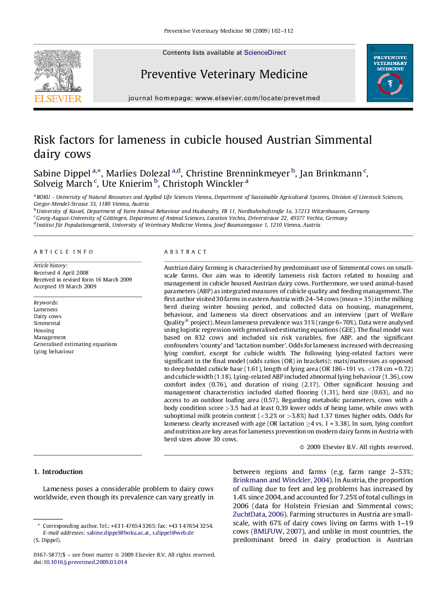 Risk factors for lameness in cubicle housed Austrian Simmental dairy cows