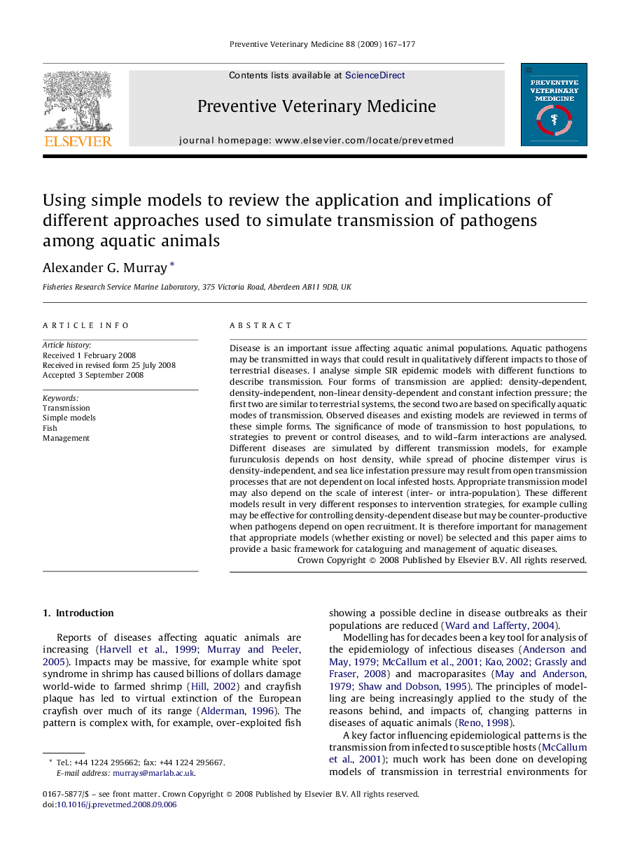 Using simple models to review the application and implications of different approaches used to simulate transmission of pathogens among aquatic animals