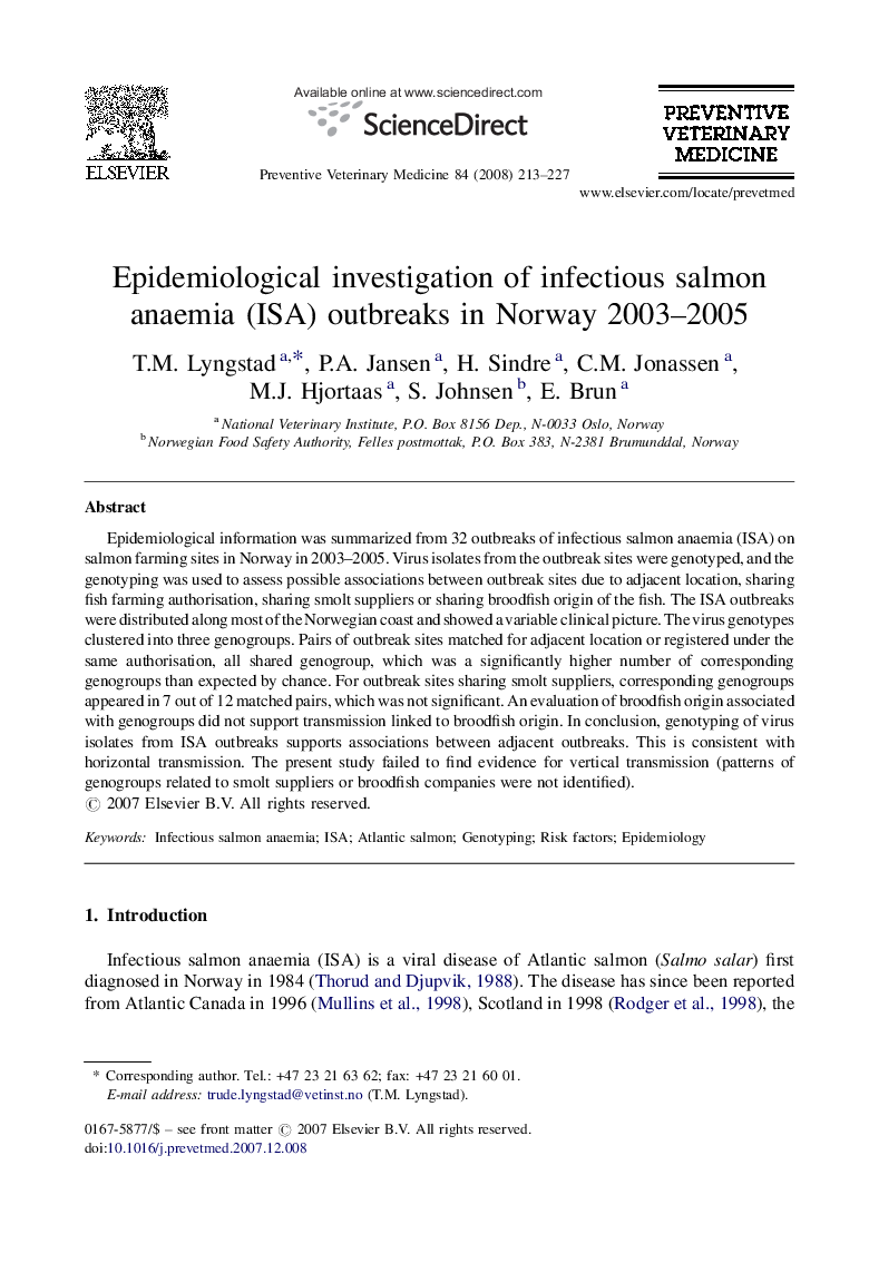 Epidemiological investigation of infectious salmon anaemia (ISA) outbreaks in Norway 2003–2005