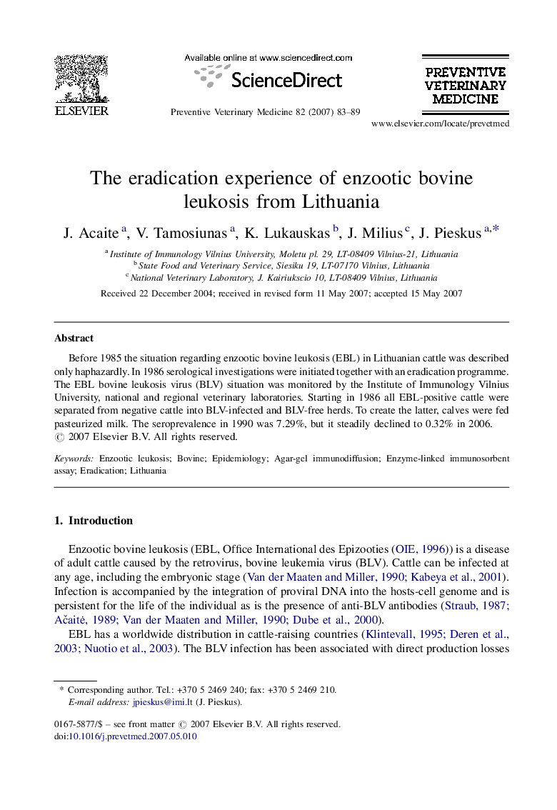 The eradication experience of enzootic bovine leukosis from Lithuania