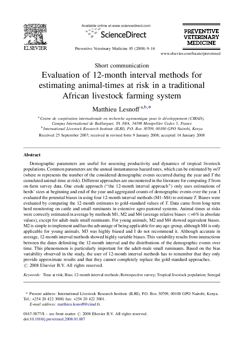 Evaluation of 12-month interval methods for estimating animal-times at risk in a traditional African livestock farming system