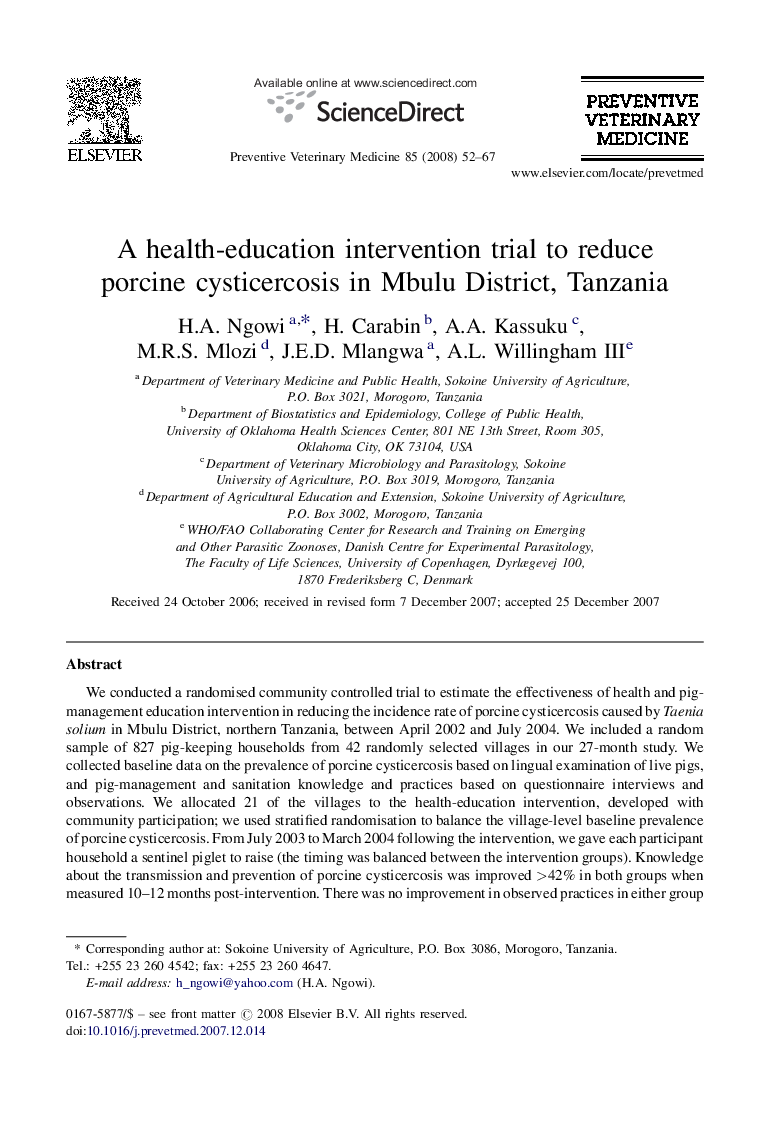 A health-education intervention trial to reduce porcine cysticercosis in Mbulu District, Tanzania