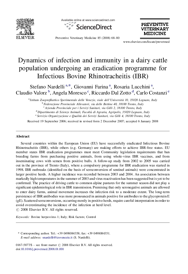 Dynamics of infection and immunity in a dairy cattle population undergoing an eradication programme for Infectious Bovine Rhinotracheitis (IBR)