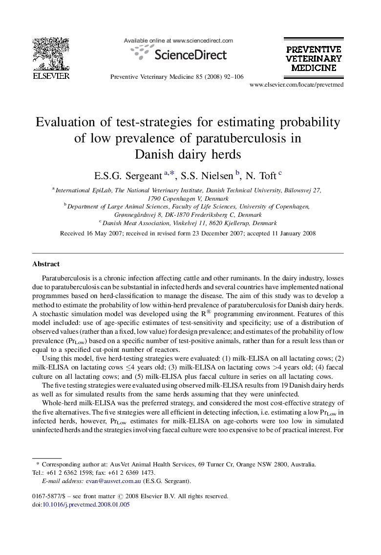 Evaluation of test-strategies for estimating probability of low prevalence of paratuberculosis in Danish dairy herds