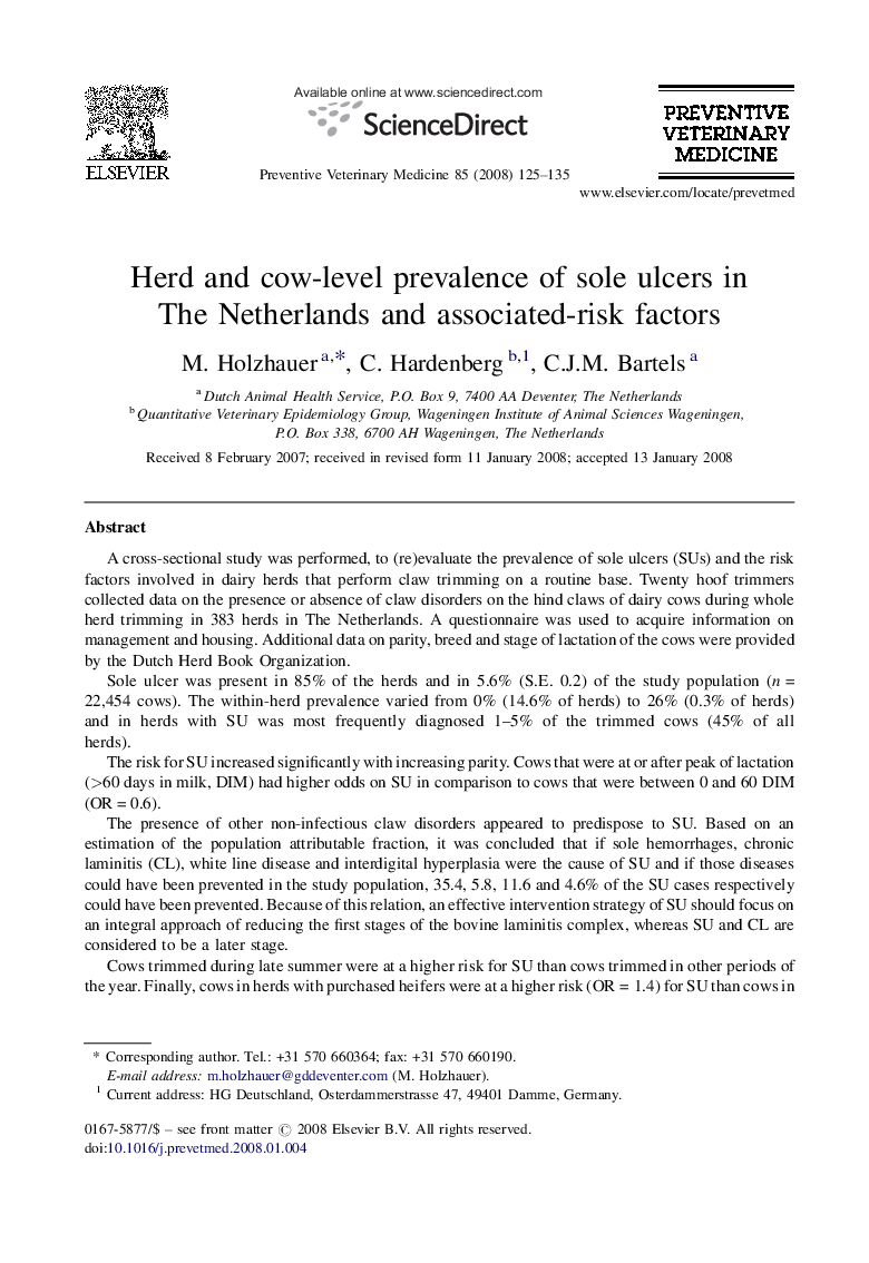 Herd and cow-level prevalence of sole ulcers in The Netherlands and associated-risk factors