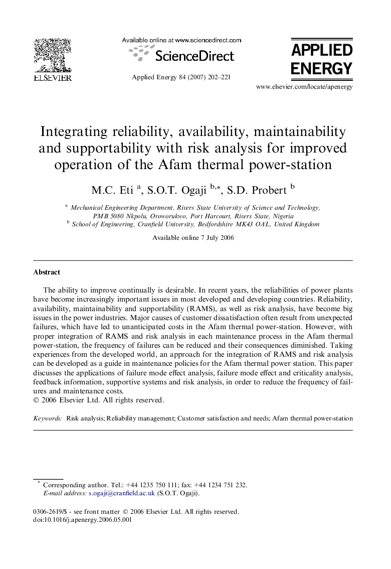 Integrating reliability, availability, maintainability and supportability with risk analysis for improved operation of the Afam thermal power-station