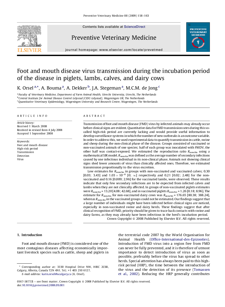 Foot and mouth disease virus transmission during the incubation period of the disease in piglets, lambs, calves, and dairy cows