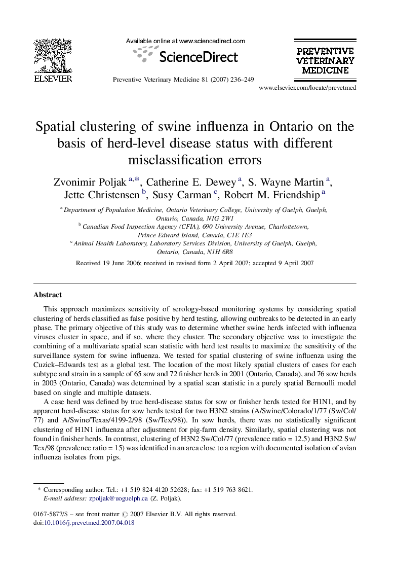 Spatial clustering of swine influenza in Ontario on the basis of herd-level disease status with different misclassification errors