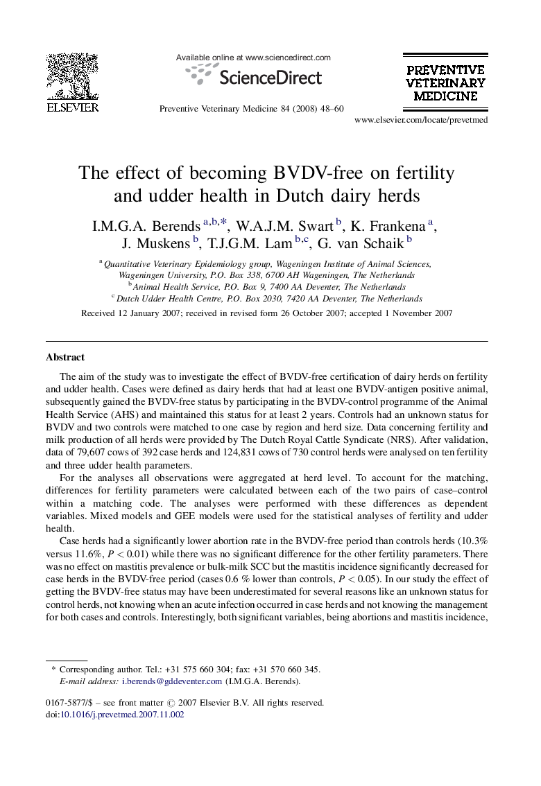 The effect of becoming BVDV-free on fertility and udder health in Dutch dairy herds