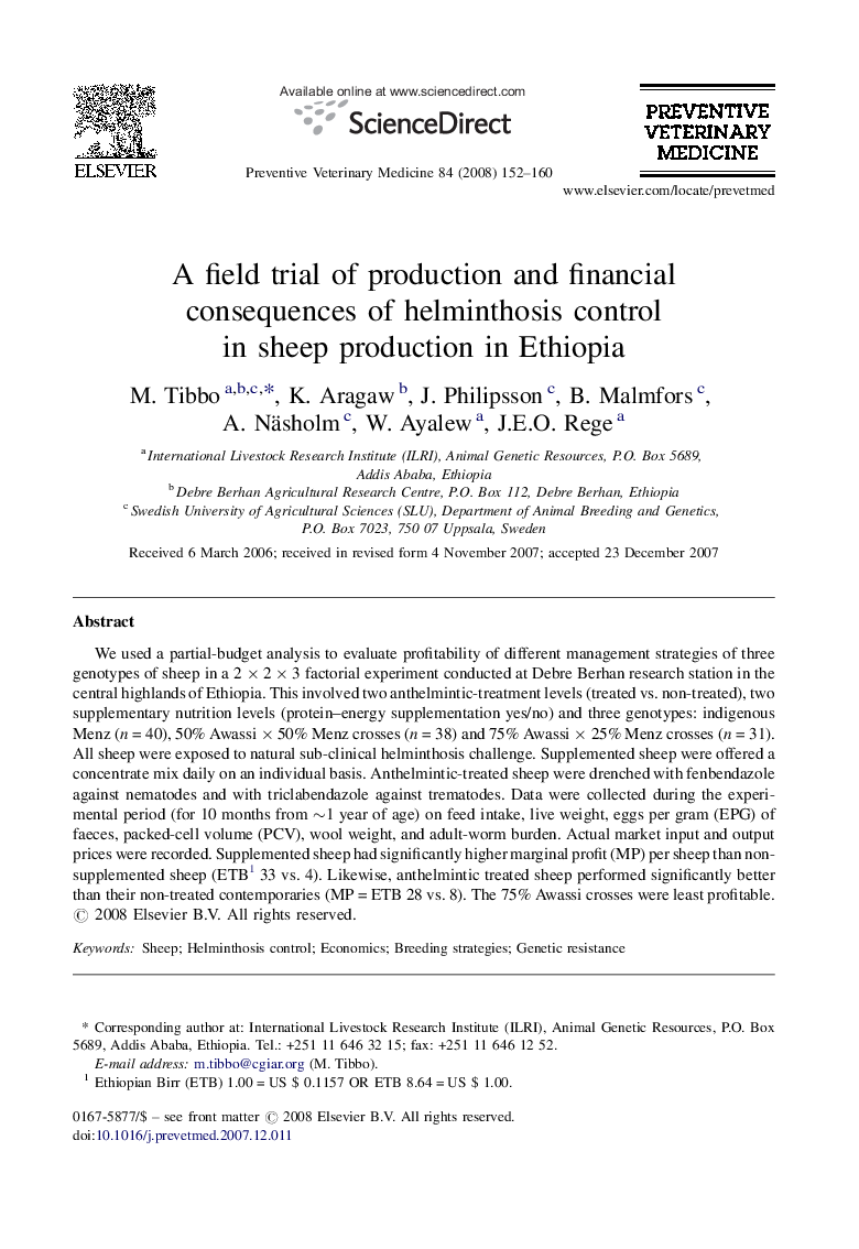 A field trial of production and financial consequences of helminthosis control in sheep production in Ethiopia