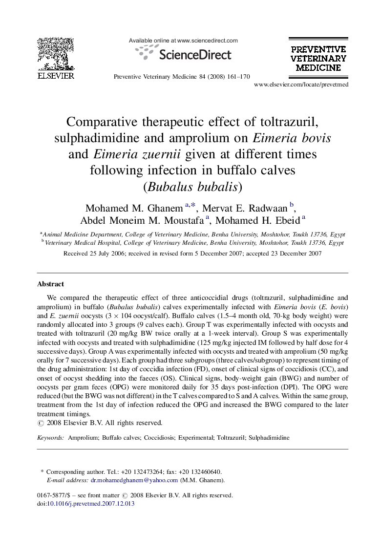 Comparative therapeutic effect of toltrazuril, sulphadimidine and amprolium on Eimeria bovis and Eimeria zuernii given at different times following infection in buffalo calves (Bubalus bubalis)