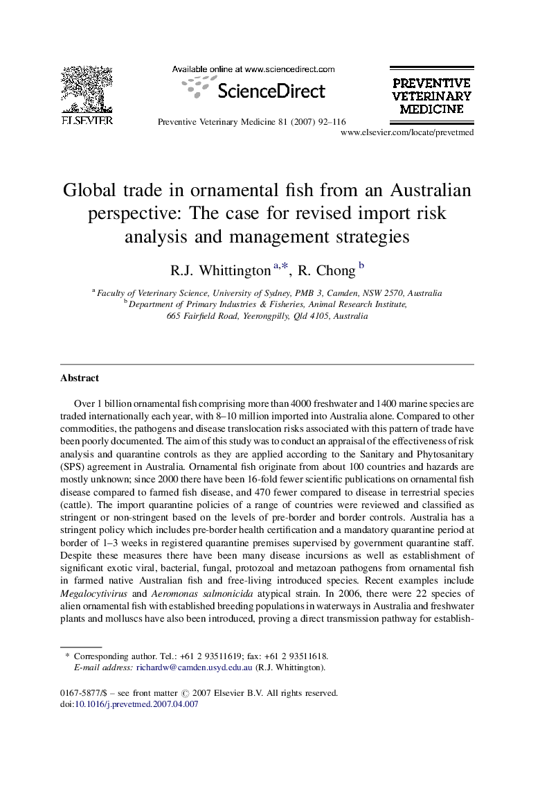 Global trade in ornamental fish from an Australian perspective: The case for revised import risk analysis and management strategies