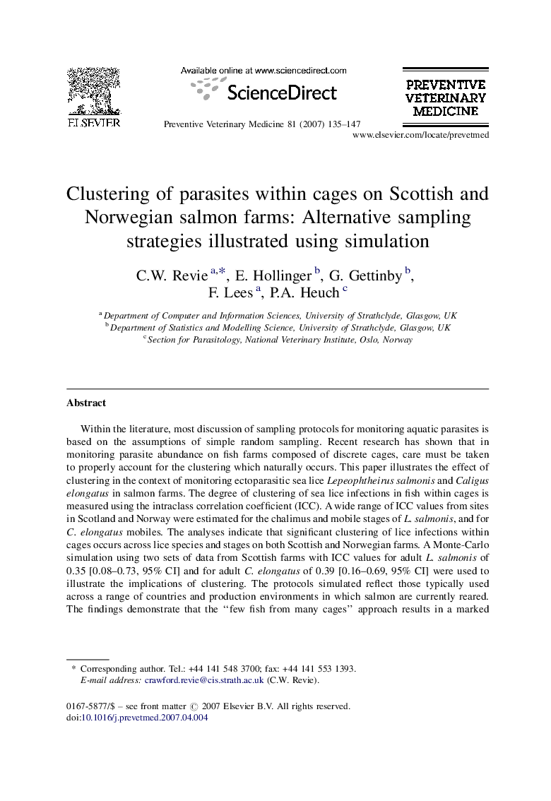 Clustering of parasites within cages on Scottish and Norwegian salmon farms: Alternative sampling strategies illustrated using simulation