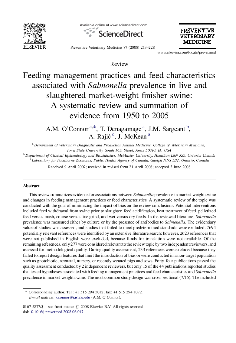 Feeding management practices and feed characteristics associated with Salmonella prevalence in live and slaughtered market-weight finisher swine: A systematic review and summation of evidence from 1950 to 2005