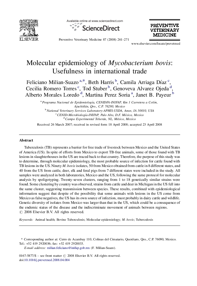 Molecular epidemiology of Mycobacterium bovis: Usefulness in international trade