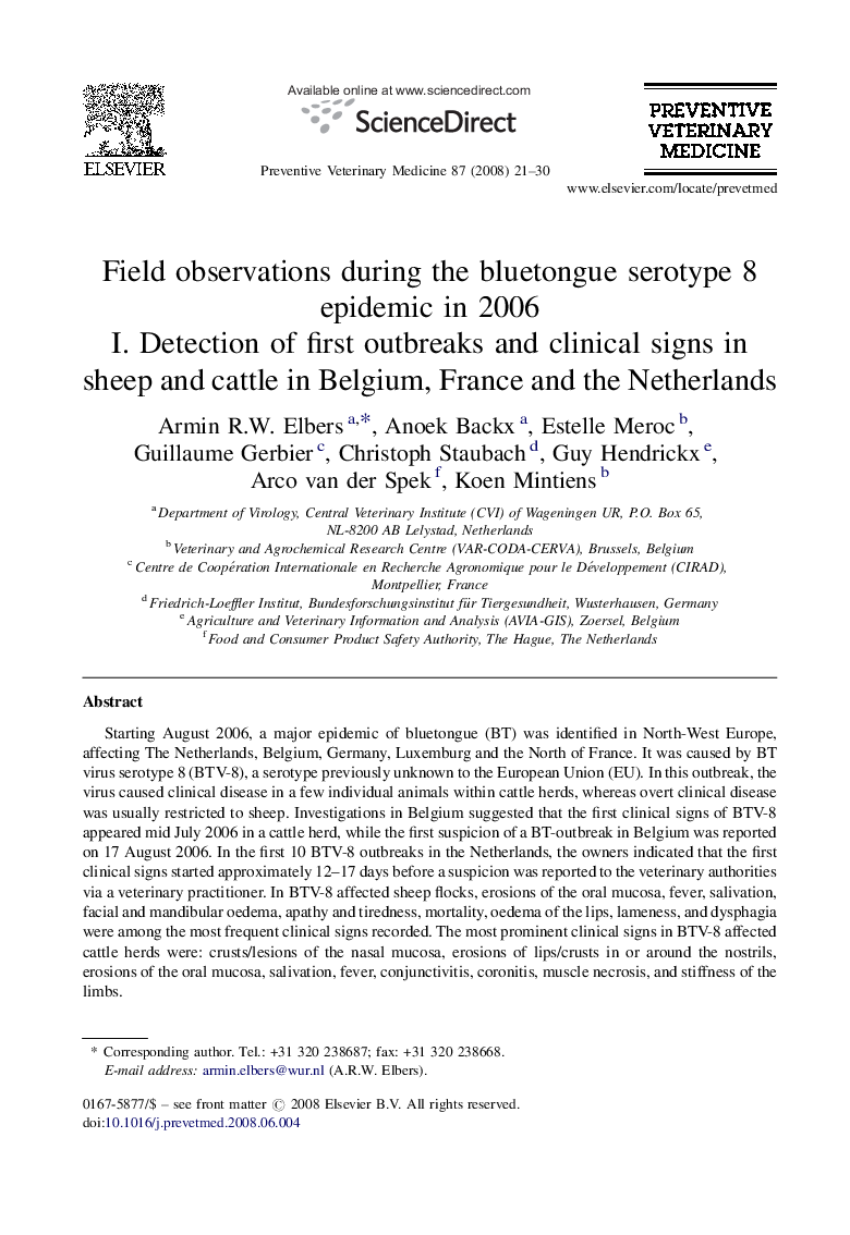 Field observations during the bluetongue serotype 8 epidemic in 2006: I. Detection of first outbreaks and clinical signs in sheep and cattle in Belgium, France and the Netherlands