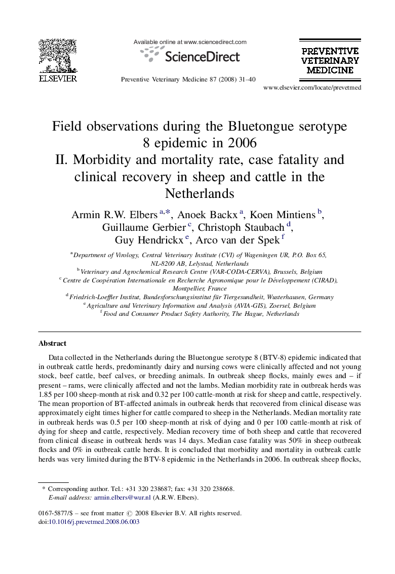 Field observations during the Bluetongue serotype 8 epidemic in 2006: II. Morbidity and mortality rate, case fatality and clinical recovery in sheep and cattle in the Netherlands