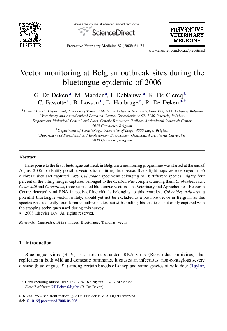 Vector monitoring at Belgian outbreak sites during the bluetongue epidemic of 2006