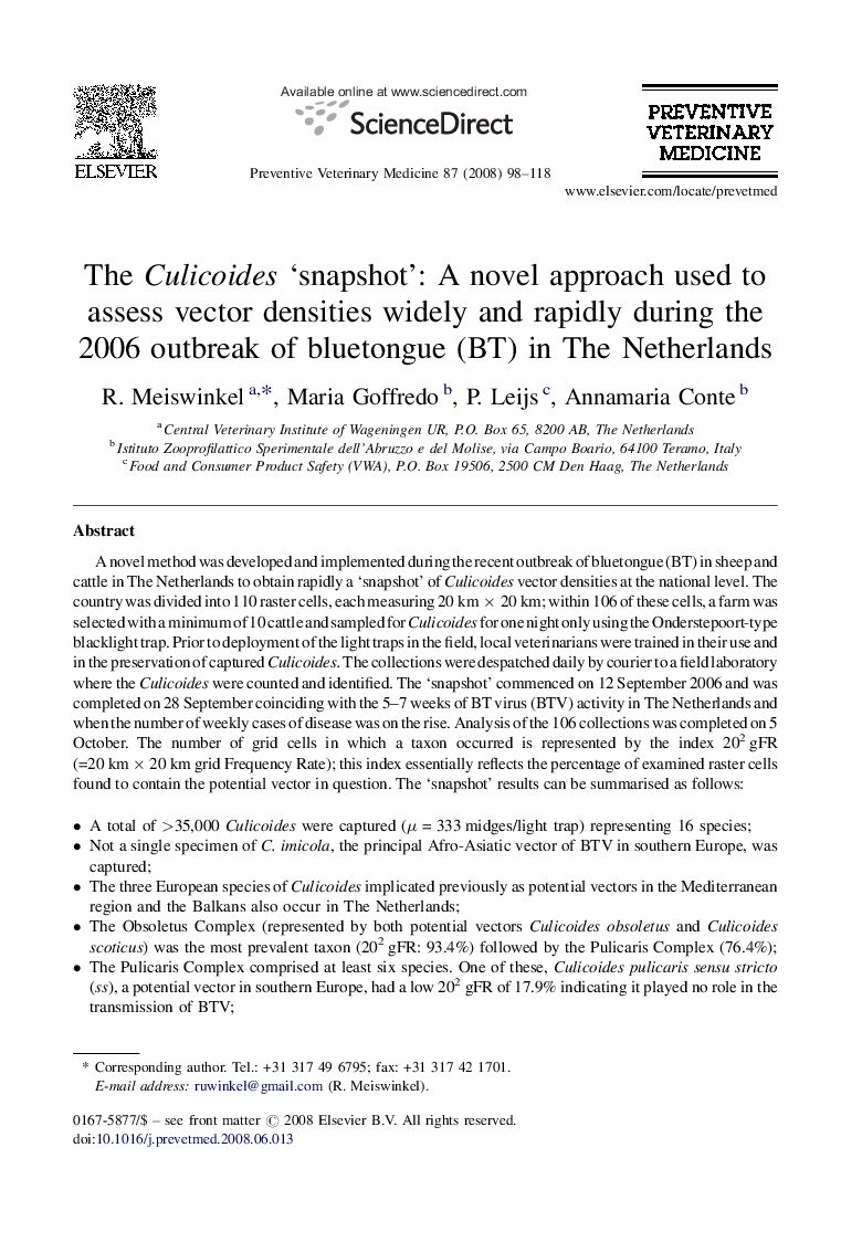 The Culicoides ‘snapshot’: A novel approach used to assess vector densities widely and rapidly during the 2006 outbreak of bluetongue (BT) in The Netherlands