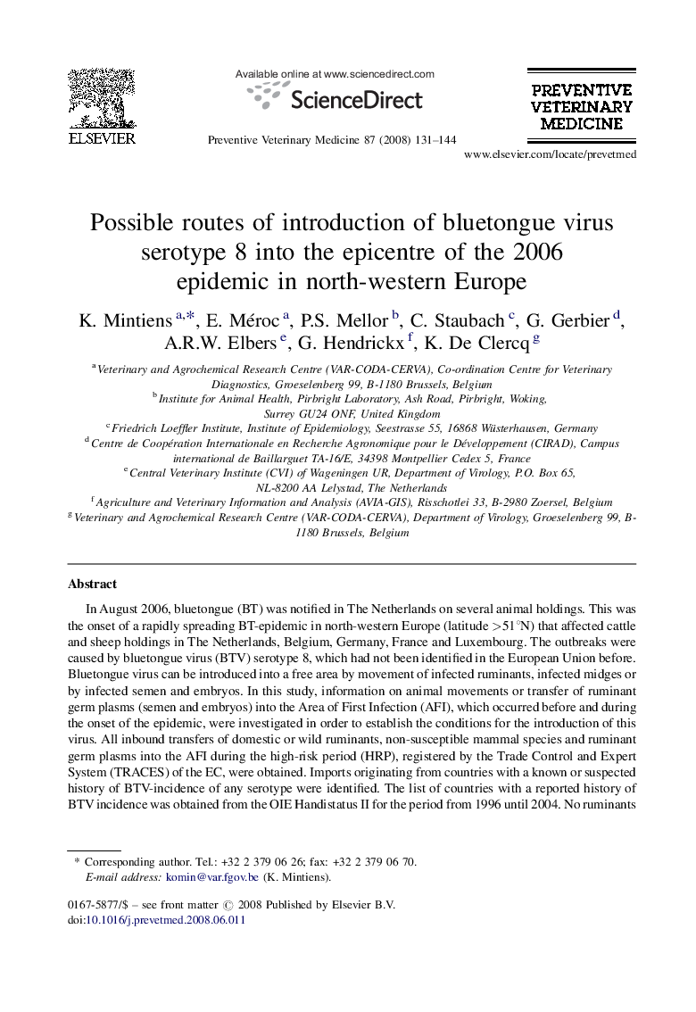 Possible routes of introduction of bluetongue virus serotype 8 into the epicentre of the 2006 epidemic in north-western Europe