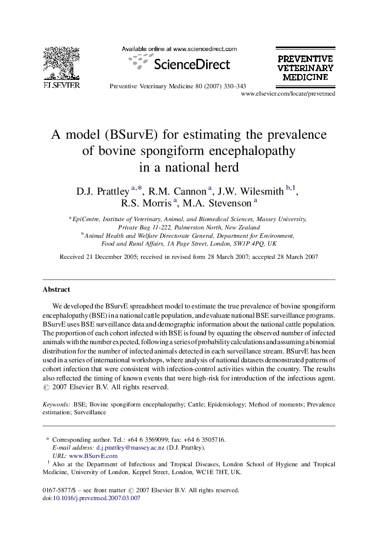 A model (BSurvE) for estimating the prevalence of bovine spongiform encephalopathy in a national herd