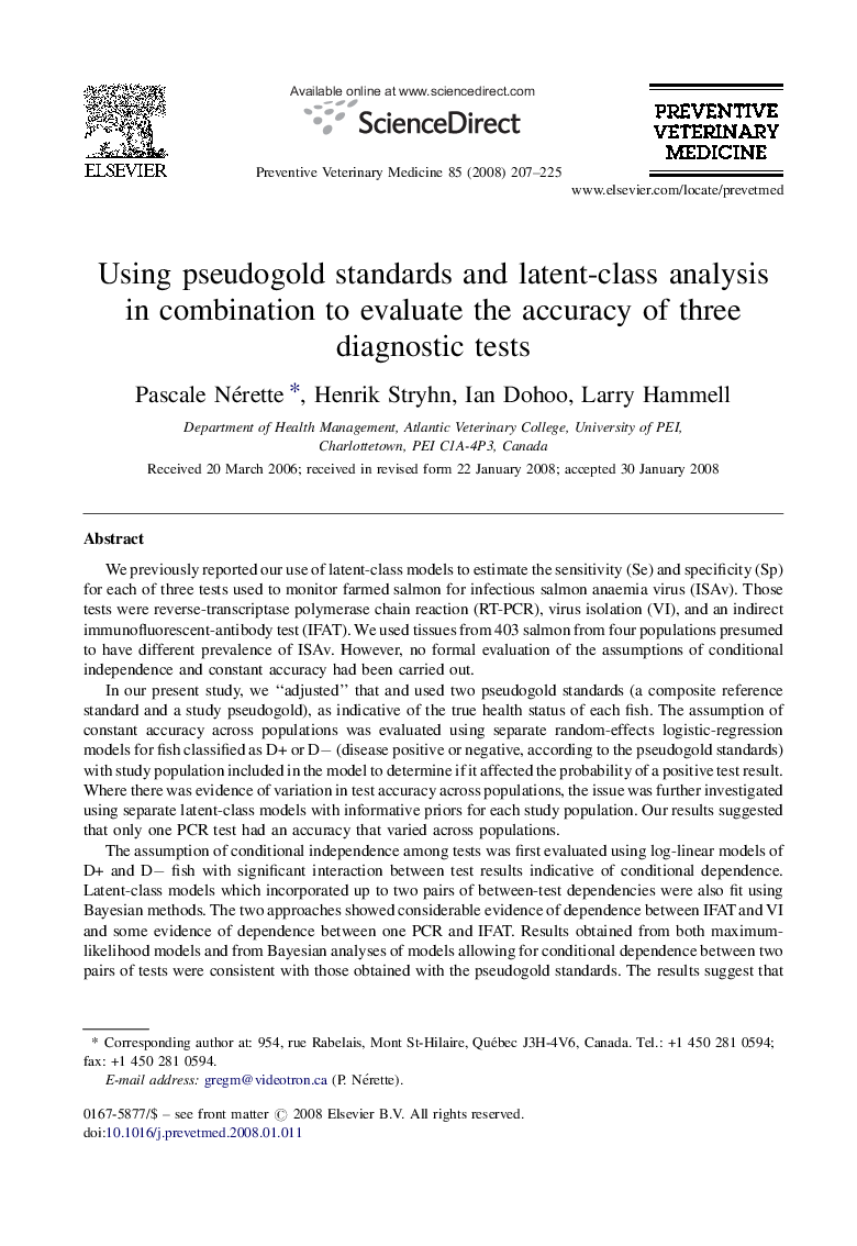 Using pseudogold standards and latent-class analysis in combination to evaluate the accuracy of three diagnostic tests