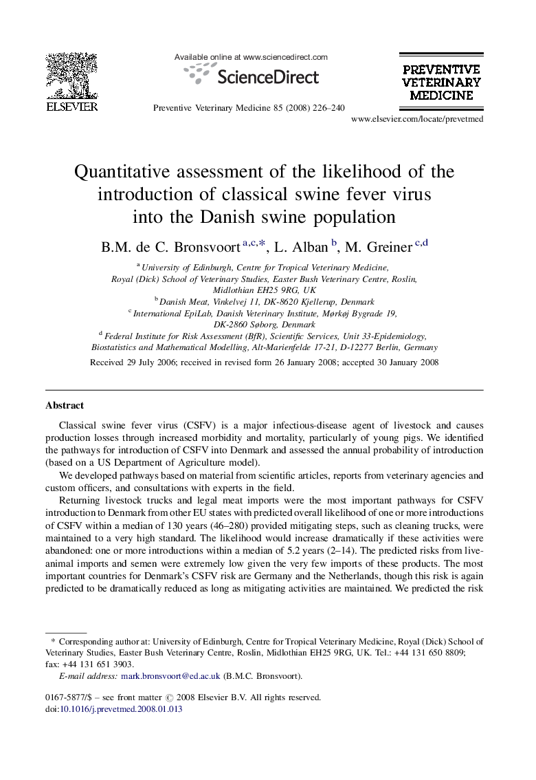 Quantitative assessment of the likelihood of the introduction of classical swine fever virus into the Danish swine population