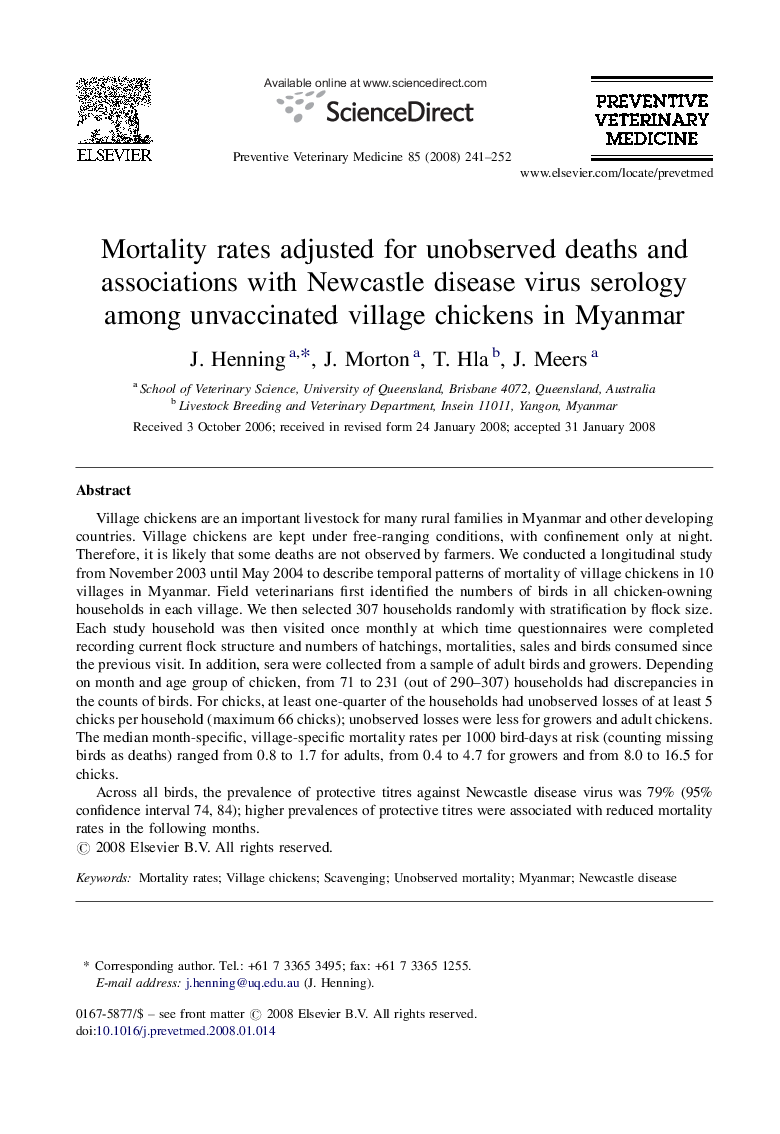 Mortality rates adjusted for unobserved deaths and associations with Newcastle disease virus serology among unvaccinated village chickens in Myanmar