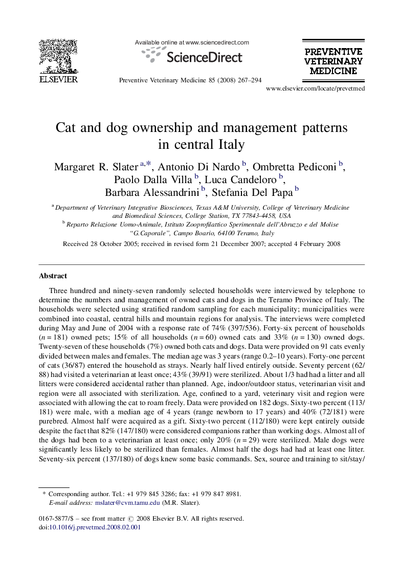 Cat and dog ownership and management patterns in central Italy