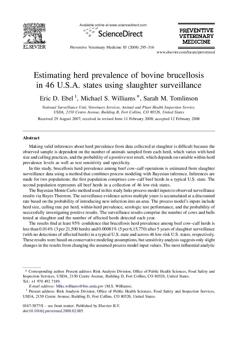 Estimating herd prevalence of bovine brucellosis in 46 U.S.A. states using slaughter surveillance