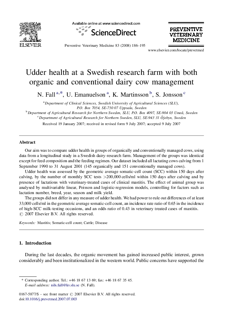 Udder health at a Swedish research farm with both organic and conventional dairy cow management