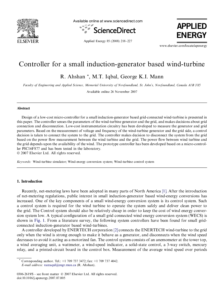 Controller for a small induction-generator based wind-turbine