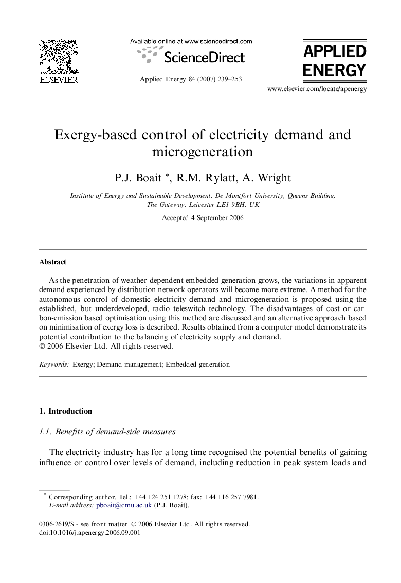 Exergy-based control of electricity demand and microgeneration